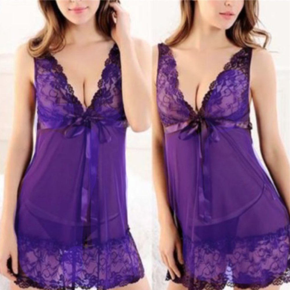 💕Sexy Purple Lace Lingerie Nightgown Chemise Babydoll Night Dress